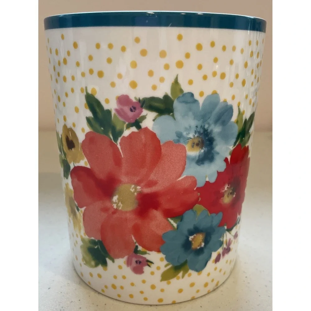 Breezy Blossom Crock Utensil Holder Pioneer Woman Floral Yellow Polka Dot 6